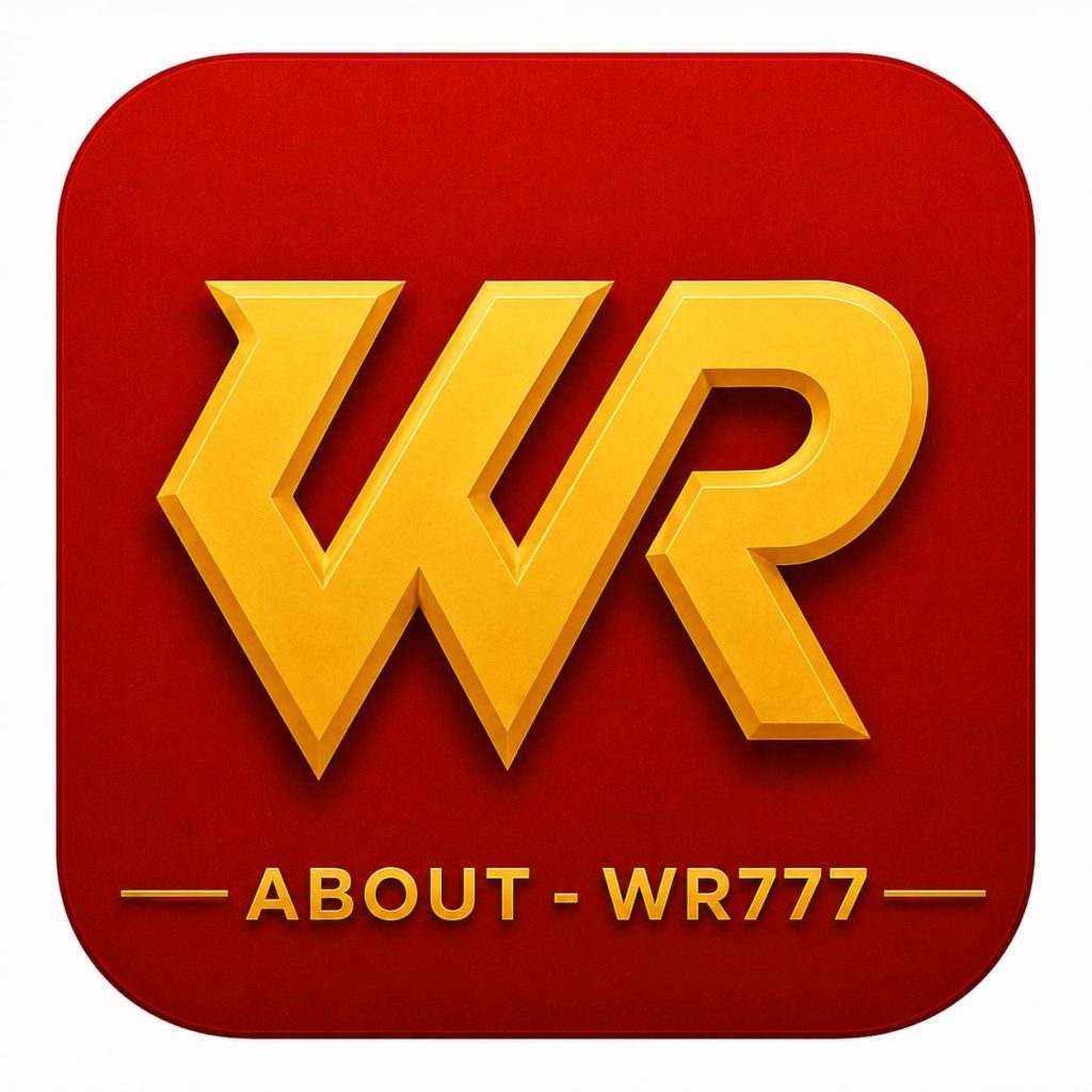 WR777 About Page icon featuring bold golden "WR" letters on a red background with "ABOUT - WR777" text below.
